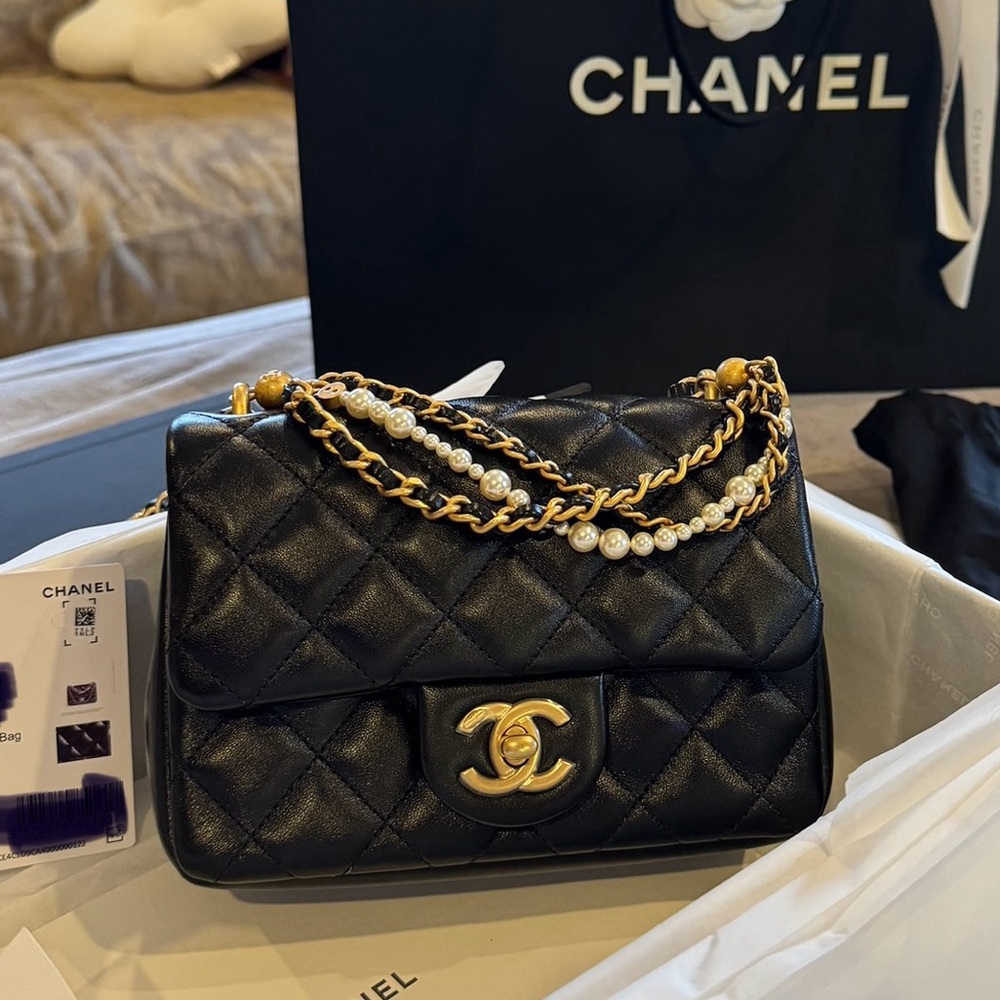 Chanel 24p Lambskin Pearl Quilted Mini Square Flap Black Gold Hardware